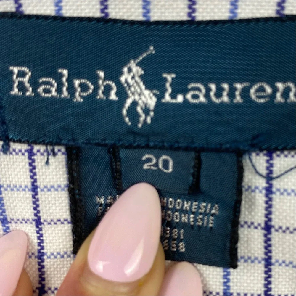 Polo Ralph Lauren Boys 20 Blue White Windowpane Oxford Button Down Shirt Cotton
